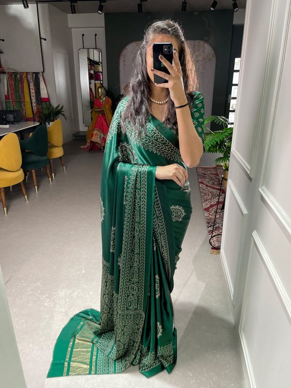 Stylish Green Color Semi Gaji Satin Printing with Foil Work Saree