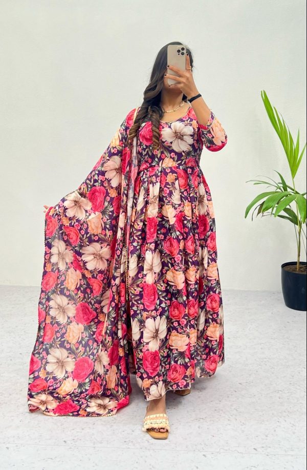 Ravishing Pink Color Heavy Chinon Printed Gown With Lace Border Dupatta