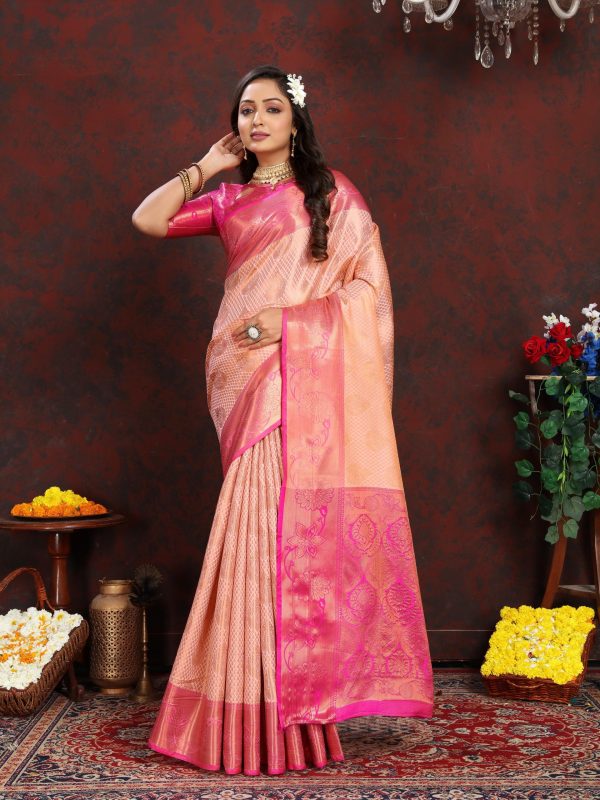 Adorable Pink Color Lichi Silk Gold And Silver Zari Weaving Saree