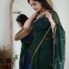 Attractive Dark Green Color Soft Lilan Slab Jacquard Work Saree
