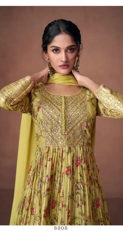 Attractive Green Color Organza Print Silk with Embroidery And Sequins Work Anarkali Suit