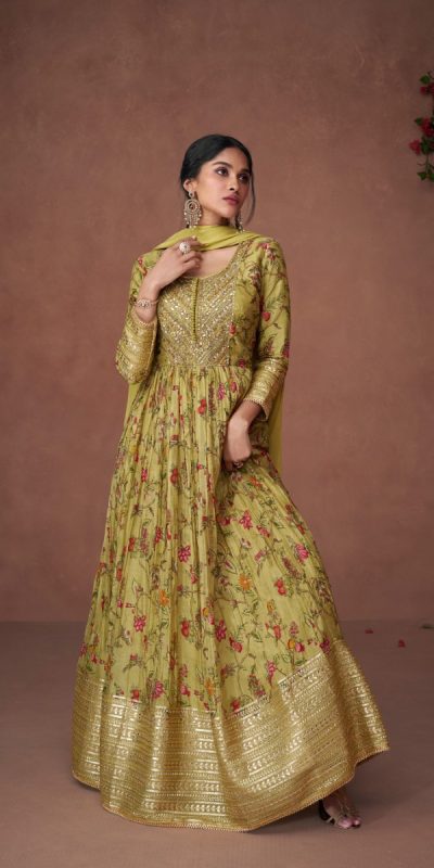 Attractive Green Color Organza Print Silk with Embroidery And Sequins Work Anarkali Suit