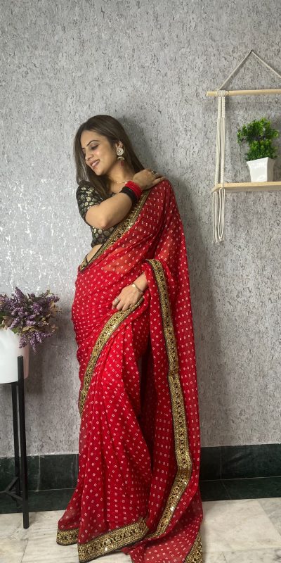 Brilliant Red Color Printed Georgette With Sequence Embroidery Lace Saree