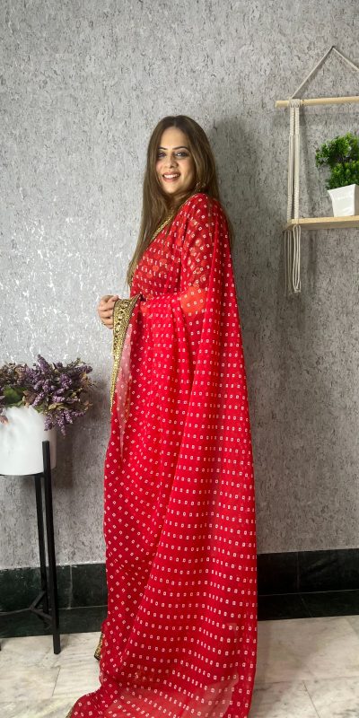 Brilliant Red Color Printed Georgette With Sequence Embroidery Lace Saree