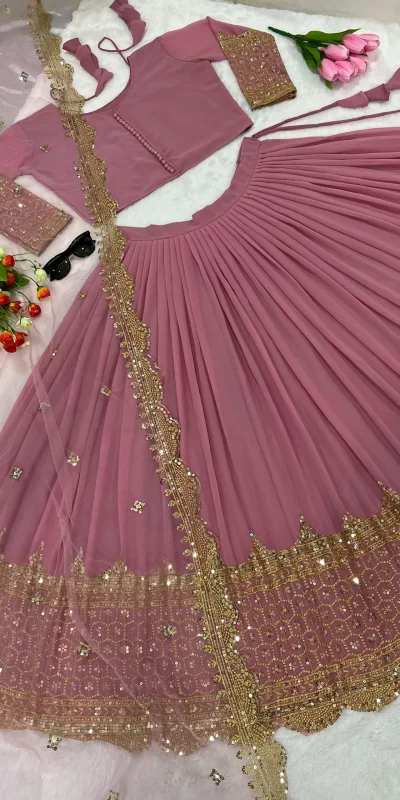 Beautiful Pink Color Georgette With Embroidery Sequence Work Lehenga Choli