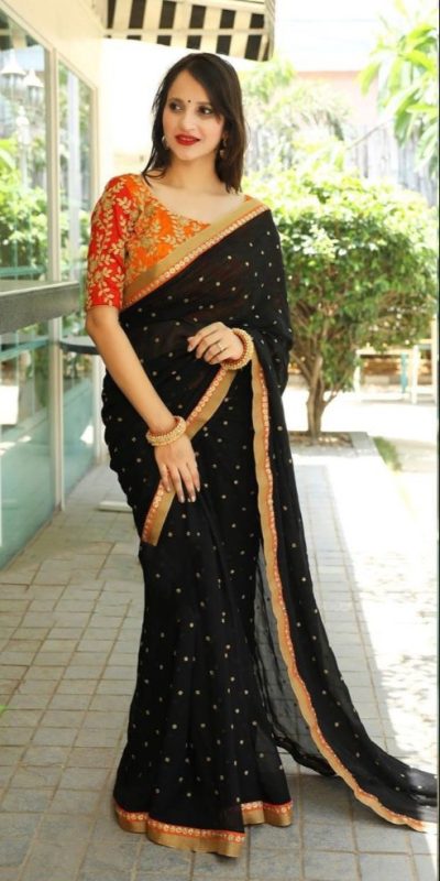 Bewitching Black Color Georgette Embroidery Work Saree