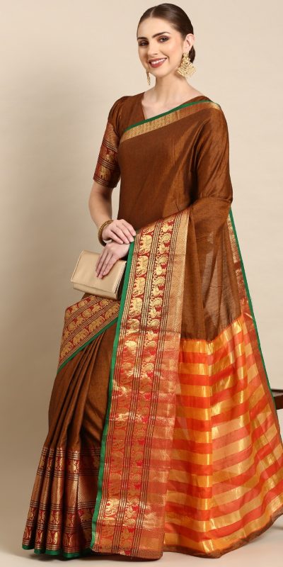 Brilliant Brown Color Narayan Pet Zari Weaving Work Saree