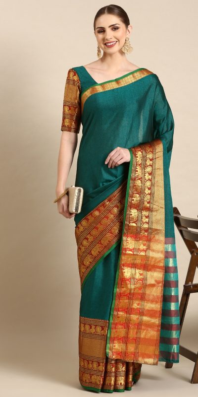 Brilliant Green Color Narayan Pet Zari Weaving Work Saree