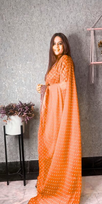 Brilliant Orange Color Printed Georgette With Sequence Embroidery Lace Saree