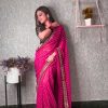 Brilliant Wine Color Printed Georgette With Sequence Embroidery Lace Saree