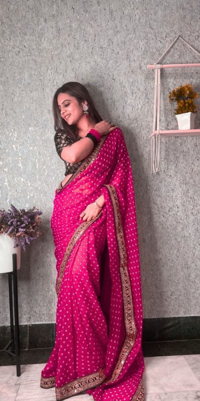 Brilliant Wine Color Printed Georgette With Sequence Embroidery Lace Saree
