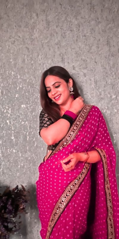 Brilliant Wine Color Printed Georgette With Sequence Embroidery Lace Saree