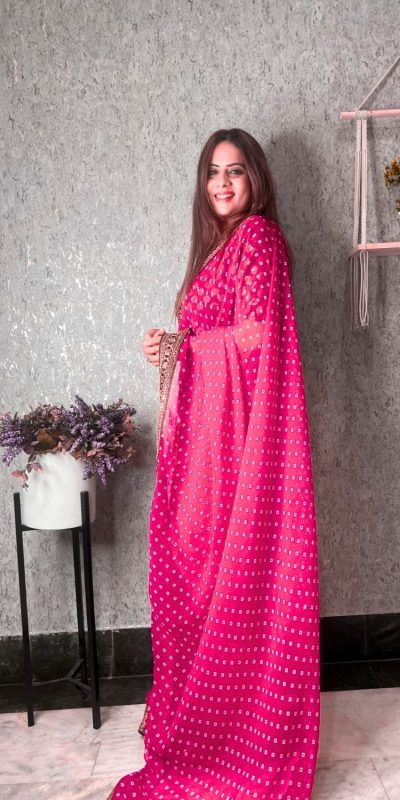 Brilliant Wine Color Printed Georgette With Sequence Embroidery Lace Saree