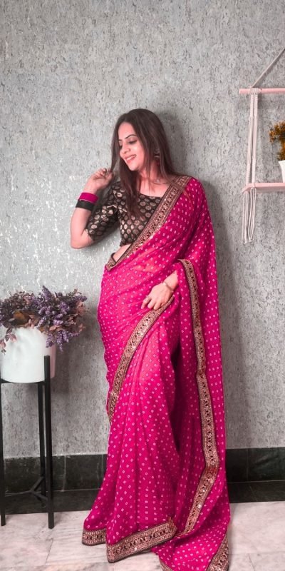 Brilliant Wine Color Printed Georgette With Sequence Embroidery Lace Saree