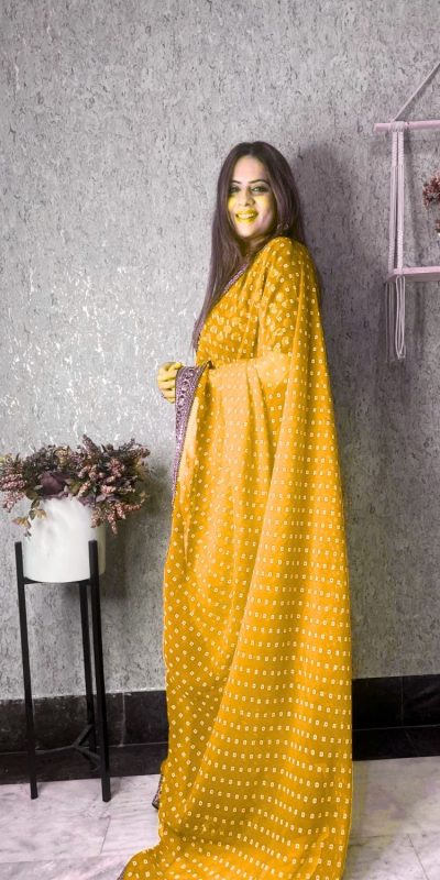 Brilliant Yellow Color Printed Georgette With Sequence Embroidery Lace Saree