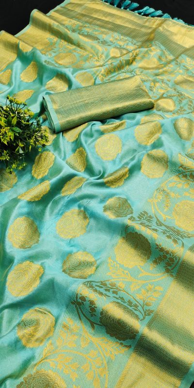 Classic Firozi Color Pure Organza Gold Zari Weaving Silk Saree