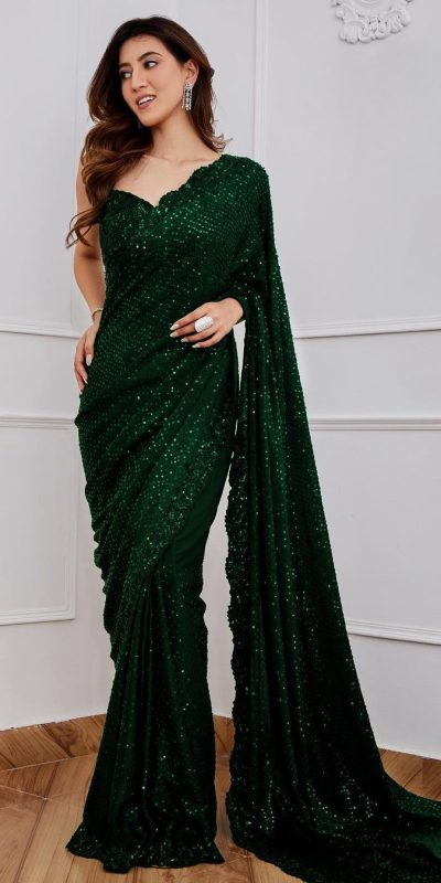 Classic Bottle Green Georgette Embroidery Sequins Work Saree