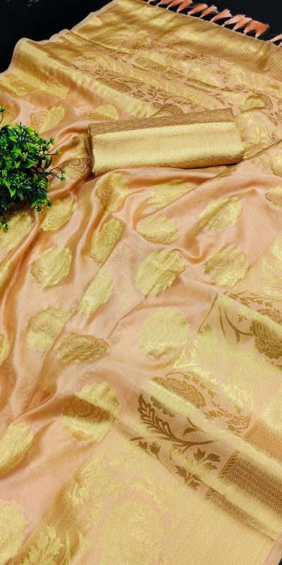 Classic Golden Pink Color Pure Organza Gold Zari Silk Saree