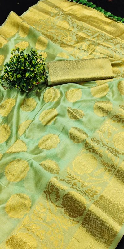 Classic Green Color Pure Organza Gold Zari Weaving Silk Saree