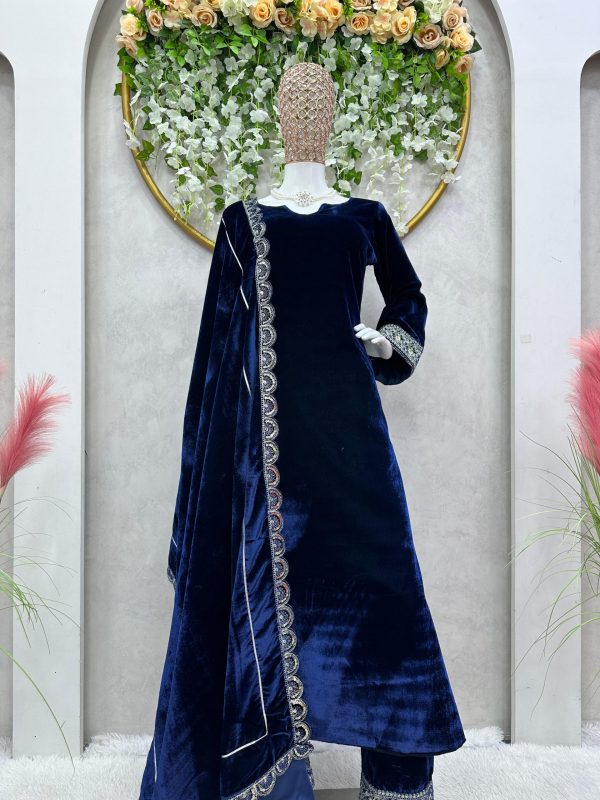 Divine Navy Blue Color Viscos velvet Sequence with Cording Dori Work Gown