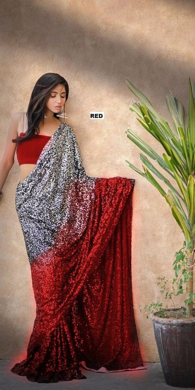 Red Heavy 60 Gram Georgette Sequins Saree