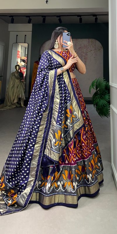 Glamorous Multi Color Tussar Silk Drawstring & Printed With Foil Print & Heavy Tassels Lehenga Choli