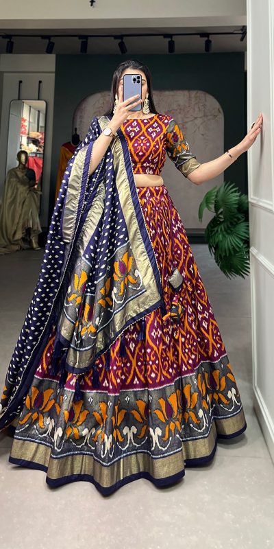 Glamorous Multi Color Tussar Silk Drawstring & Printed With Foil Print & Heavy Tassels Lehenga Choli