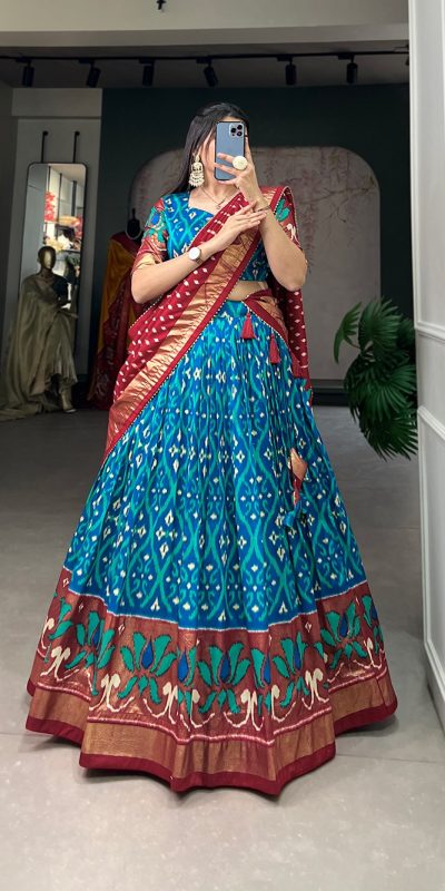 Glamorous Sky Blue Color Tussar Silk Drawstring & Printed With Foil Print & Heavy Tassels Lehenga Choli