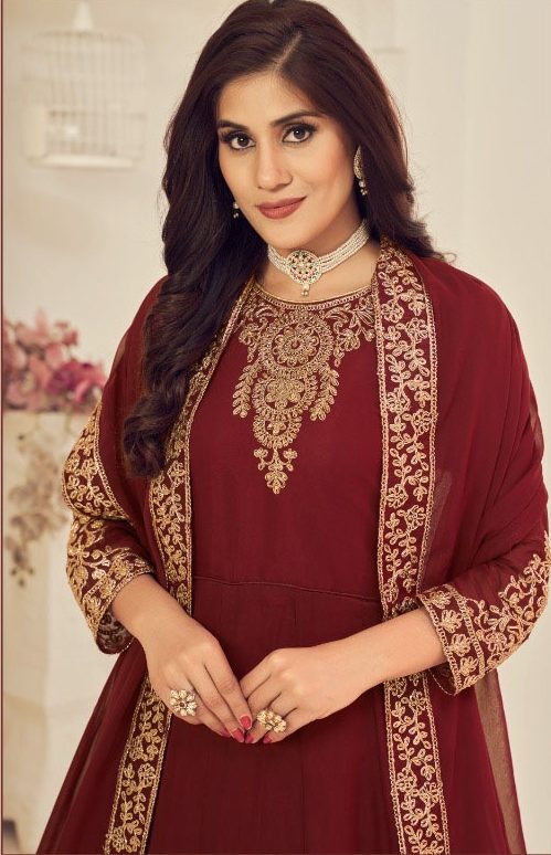 Marvelous Maroon Color Georgette Cording Stone Work Anarkali Suit - Image 2