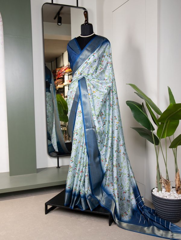 Perfect Sky Blue Color  Dola Silk Printed With Zari Border Saree