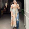 Pretty Chiku Color High Quality Rayon Cotton With Foil and Printed Drawstring With Tassels Kurti