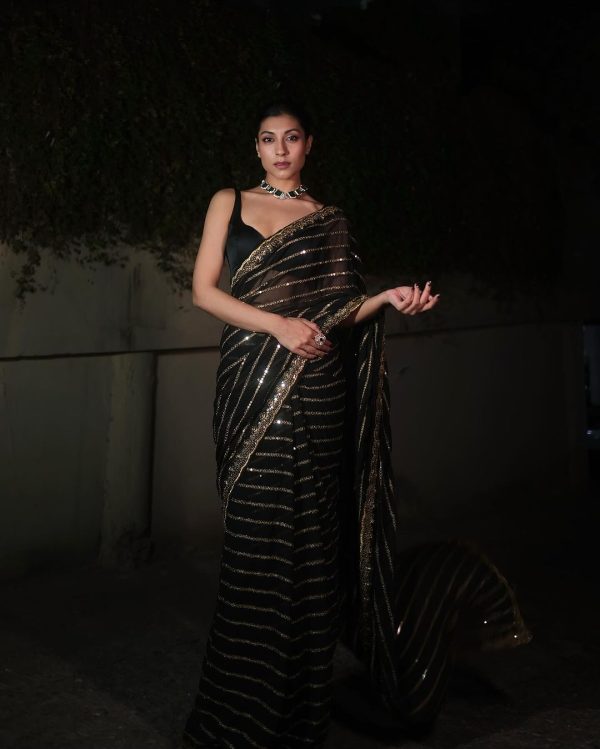 Superb Black Color Georgette With Heavy Sequins Embroidery Work Saree