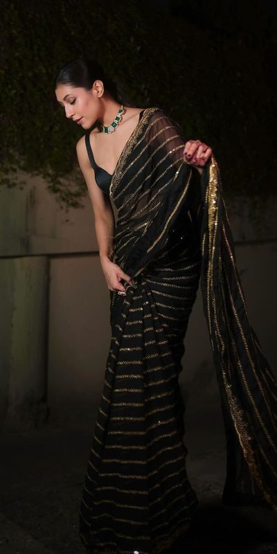 Superb Black Color Georgette With Heavy Sequins Embroidery Work Saree