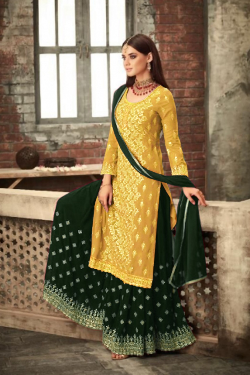 MOHINI 57000 Yellow & Green Color: Yellow & Green Fabrics: Top :- Georgette Embroidery Work Work :- Embroidery WorkDupatta:- Nazmin Chiffon | Casual Suits, Creative suits, Designer Suits, Palazzo Suits, Party Wear Suits, Salwar suit, Straight Suits