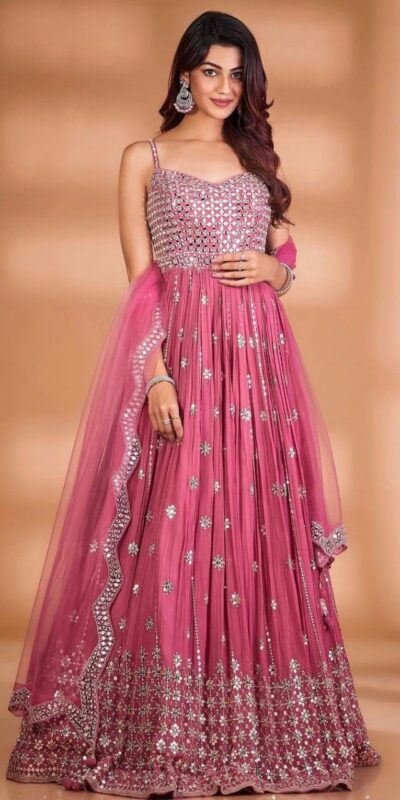 RTC 5416 Pink Gown : Georgette Dupatta : Butterfly Net Work : Embroidery With Heavy Sequence Work Wedding, Party, Festive @1999/- | Bollywood Gowns, Creative Gowns, Designer Gowns, Embroidered Gowns, Gowns, Party Wear Gowns