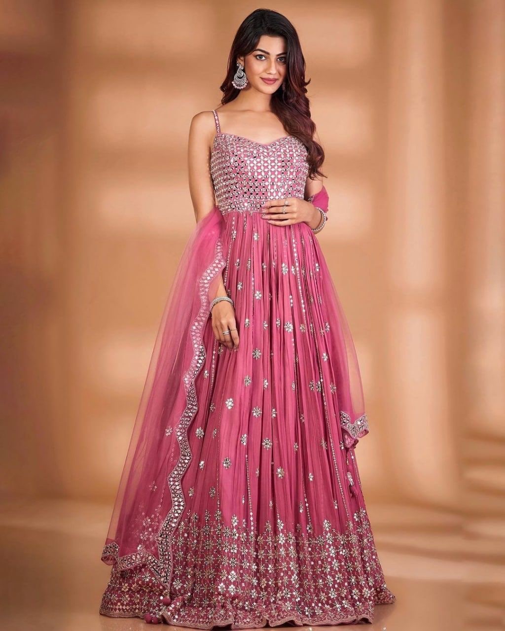 RTC 5416 Pink Gown : Georgette Dupatta : Butterfly Net Work : Embroidery With Heavy Sequence Work Wedding, Party, Festive @1999/- | Bollywood Gowns, Creative Gowns, Designer Gowns, Embroidered Gowns, Gowns, Party Wear Gowns