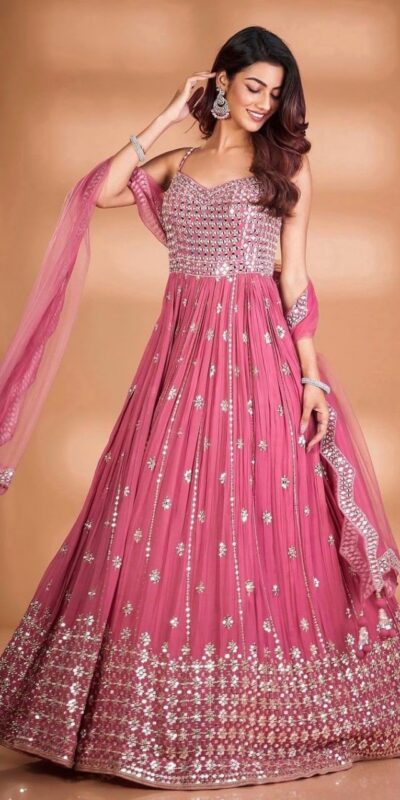RTC 5416 Pink Gown : Georgette Dupatta : Butterfly Net Work : Embroidery With Heavy Sequence Work Wedding, Party, Festive @1999/- | Bollywood Gowns, Creative Gowns, Designer Gowns, Embroidered Gowns, Gowns, Party Wear Gowns