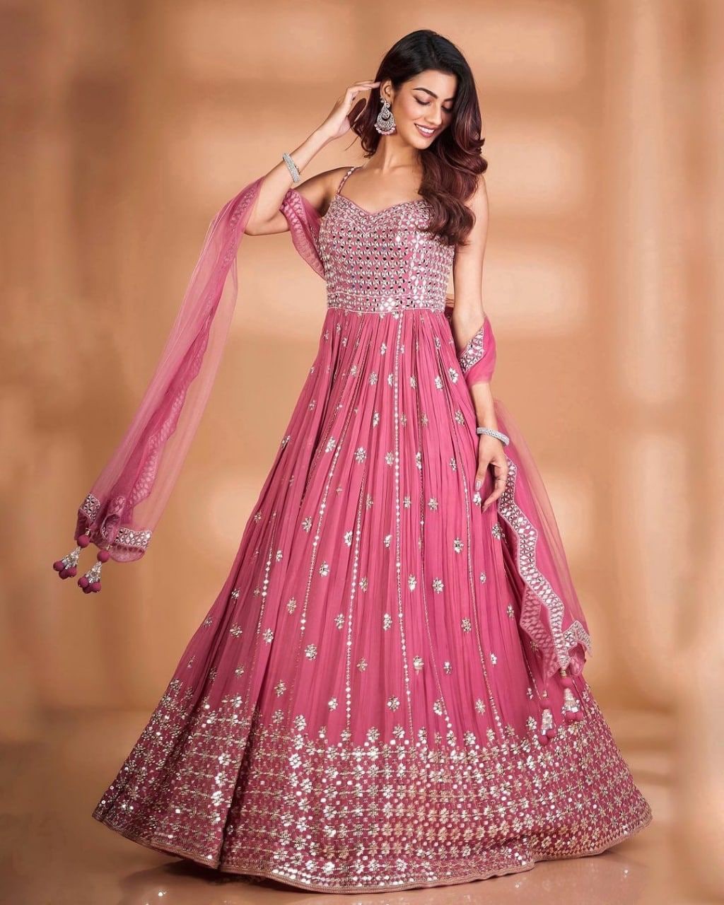 RTC 5416 Pink Gown : Georgette Dupatta : Butterfly Net Work : Embroidery With Heavy Sequence Work Wedding, Party, Festive @1999/- | Bollywood Gowns, Creative Gowns, Designer Gowns, Embroidered Gowns, Gowns, Party Wear Gowns