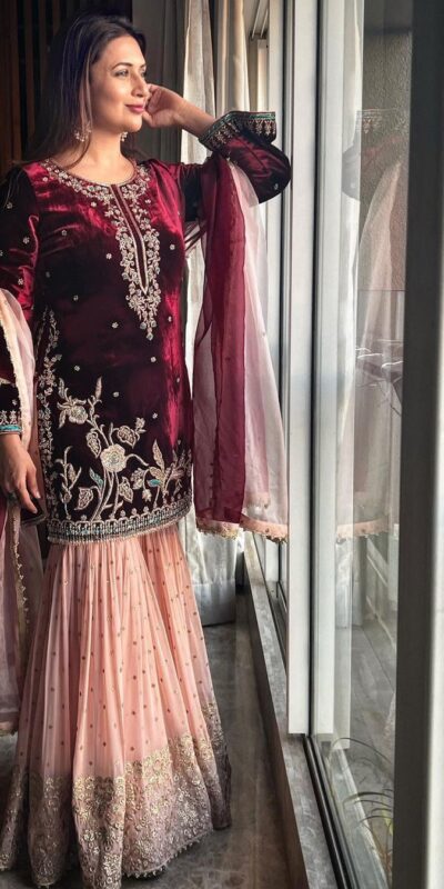 KD 1138 Maroon Top : Heavy Velvet Work : Thread Work Wedding, Party, Festive, Events Etc. Thread Work Sharara @2049 | Casual Suits, Creative suits, Designer Suits, Palazzo Suits, Party Wear Suits, Salwar suit, Straight Suits