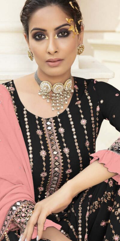 FC 9704 Black Pink Top : Georgette Work : Embroidery Work, Mirror Work Wedding, Festive, Events Black Georgette Embroidered Sharara @2099 | Casual Suits, Creative suits, Designer Suits, Palazzo Suits, Party Wear Suits, Salwar suit, Straight Suits