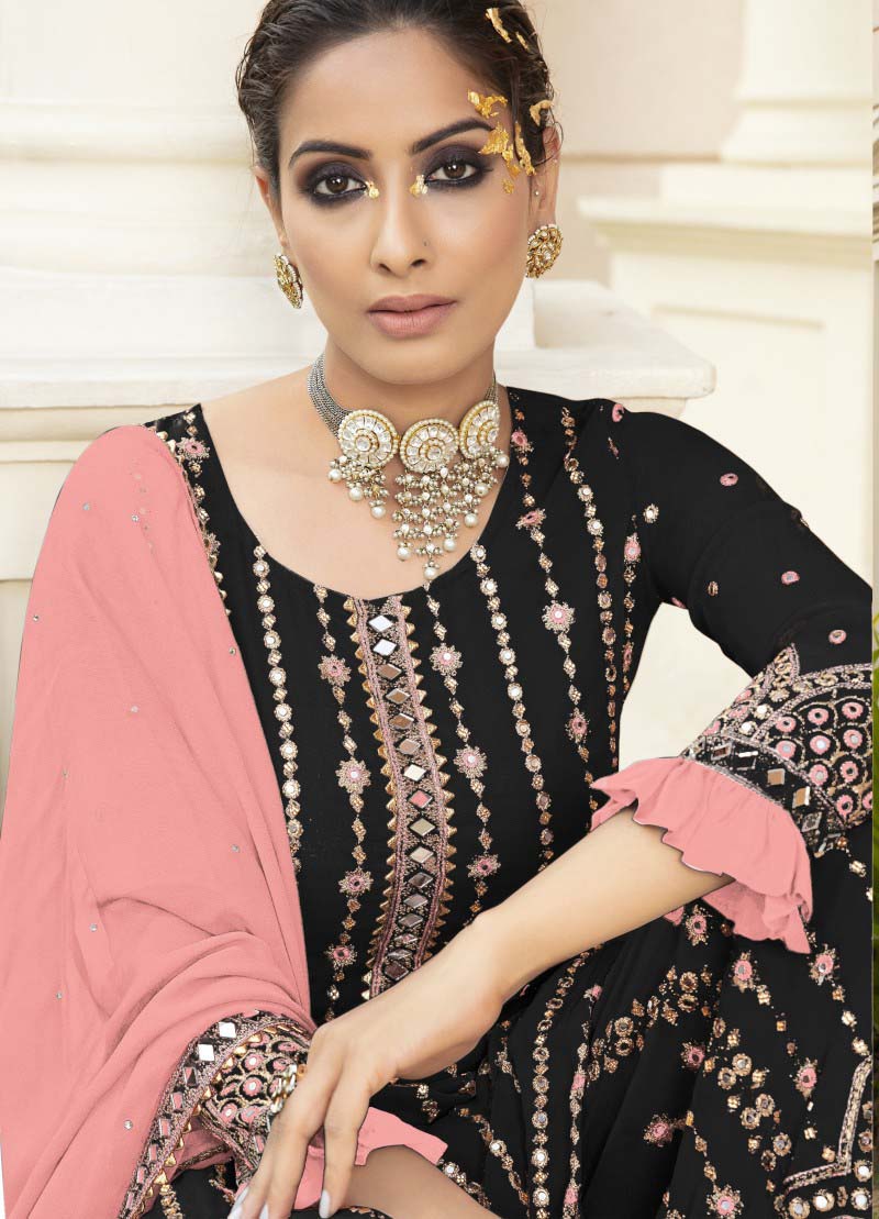 FC 9704 Black Pink Top : Georgette Work : Embroidery Work, Mirror Work Wedding, Festive, Events Black Georgette Embroidered Sharara @2099 | Casual Suits, Creative suits, Designer Suits, Palazzo Suits, Party Wear Suits, Salwar suit, Straight Suits