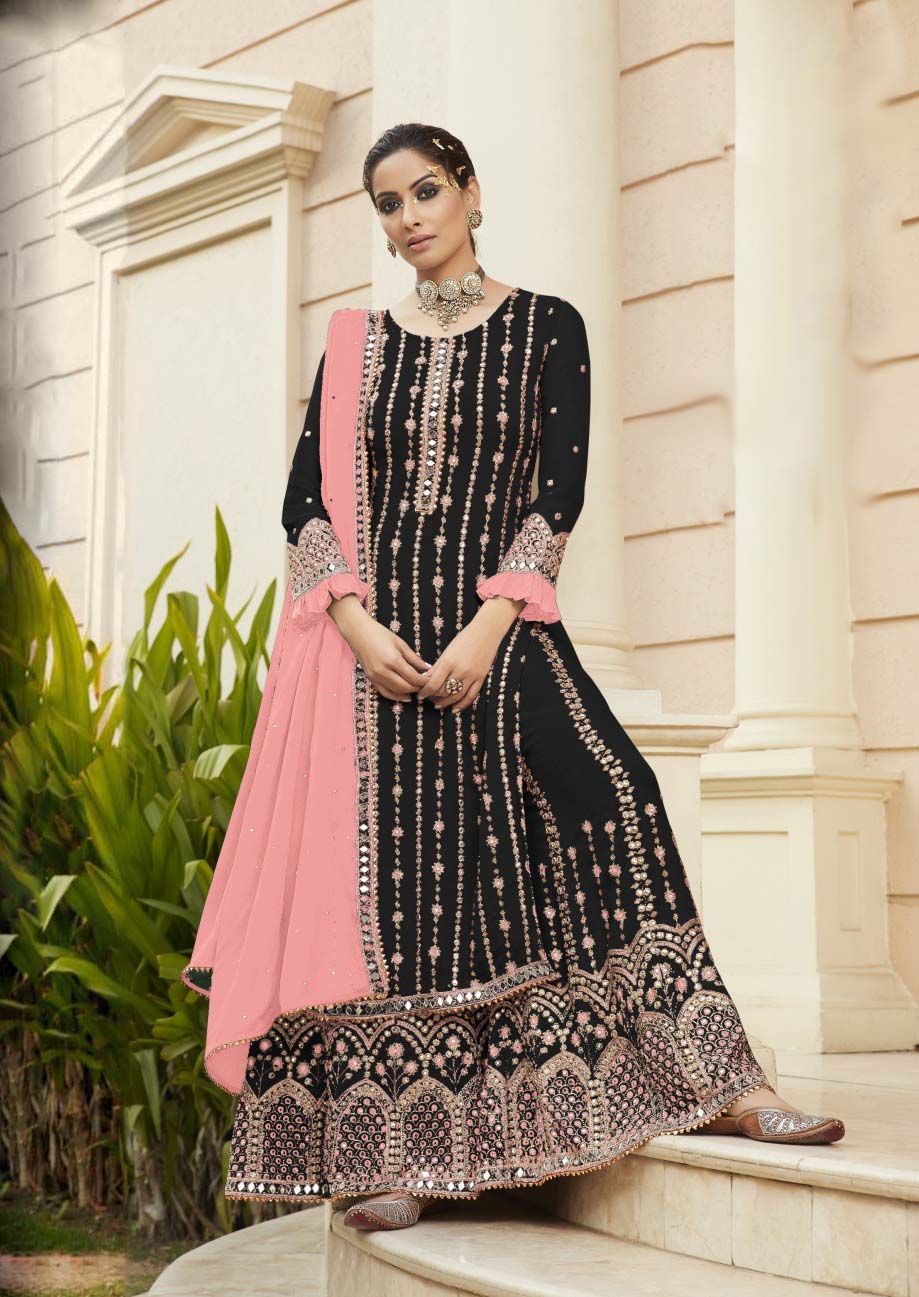 FC 9704 Black Pink Top : Georgette Work : Embroidery Work, Mirror Work Wedding, Festive, Events Black Georgette Embroidered Sharara @2099 | Casual Suits, Creative suits, Designer Suits, Palazzo Suits, Party Wear Suits, Salwar suit, Straight Suits