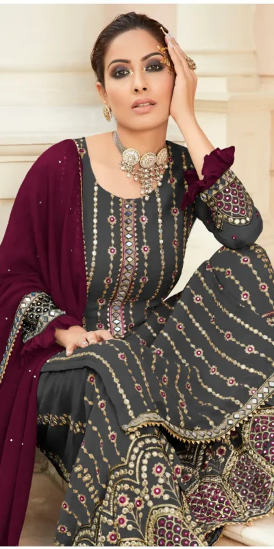 FC 9704 Black Wine Top : Georgette Work : Embroidery Work, Mirror Work Wedding, Festive, Events Black Georgette Embroidered Sharara @2099 | Casual Suits, Creative suits, Designer Suits, Palazzo Suits, Party Wear Suits, Salwar suit, Straight Suits