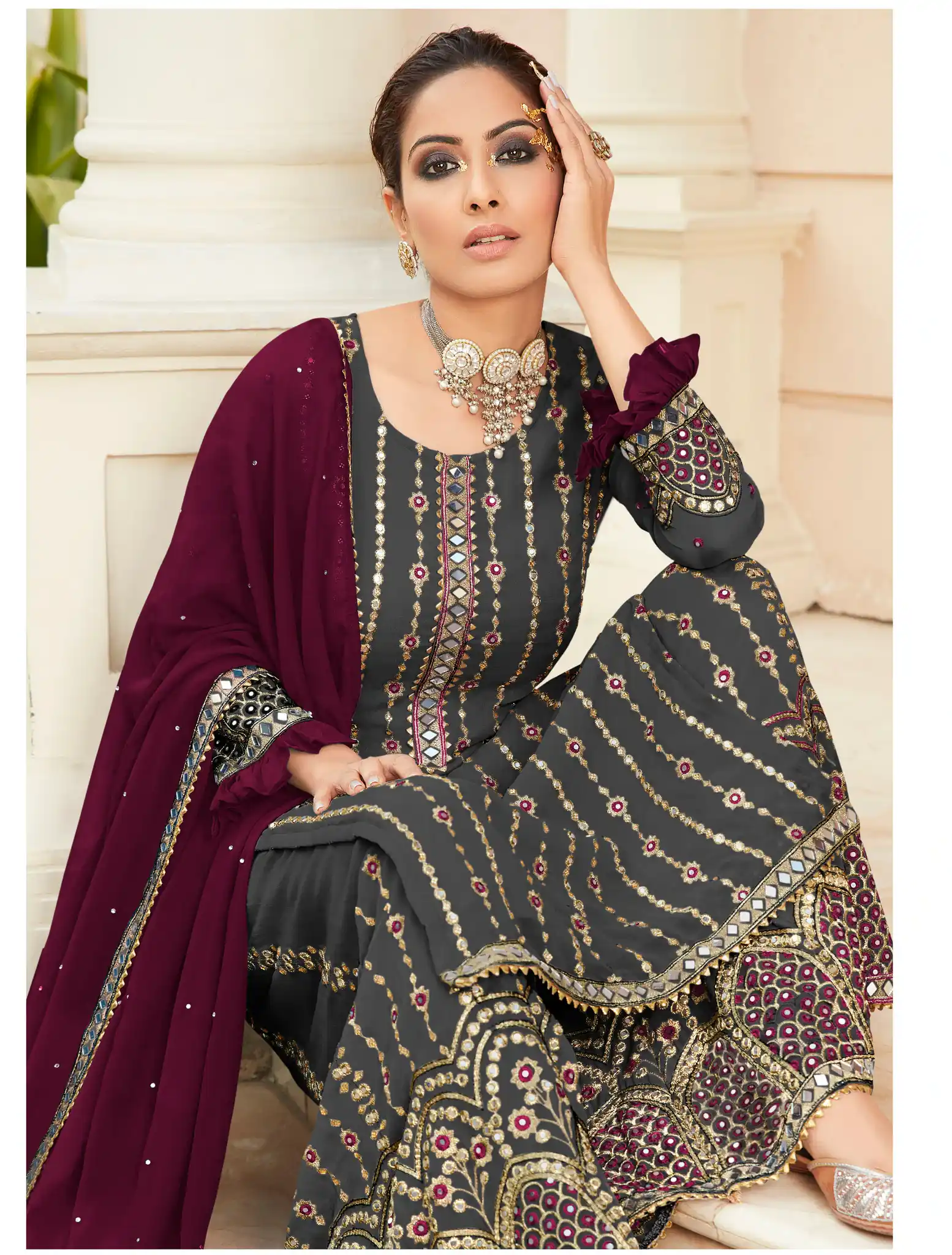 FC 9704 Black Wine Top : Georgette Work : Embroidery Work, Mirror Work Wedding, Festive, Events Black Georgette Embroidered Sharara @2099 | Casual Suits, Creative suits, Designer Suits, Palazzo Suits, Party Wear Suits, Salwar suit, Straight Suits