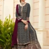 Black Wine Georgette Embroidered Sharara Suit With Real Mirror Work
