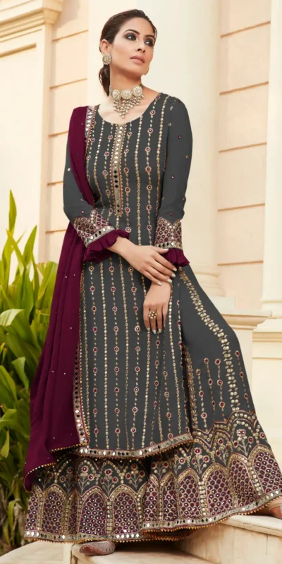 FC 9704 Black Wine Top : Georgette Work : Embroidery Work, Mirror Work Wedding, Festive, Events Black Georgette Embroidered Sharara @2099 | Casual Suits, Creative suits, Designer Suits, Palazzo Suits, Party Wear Suits, Salwar suit, Straight Suits