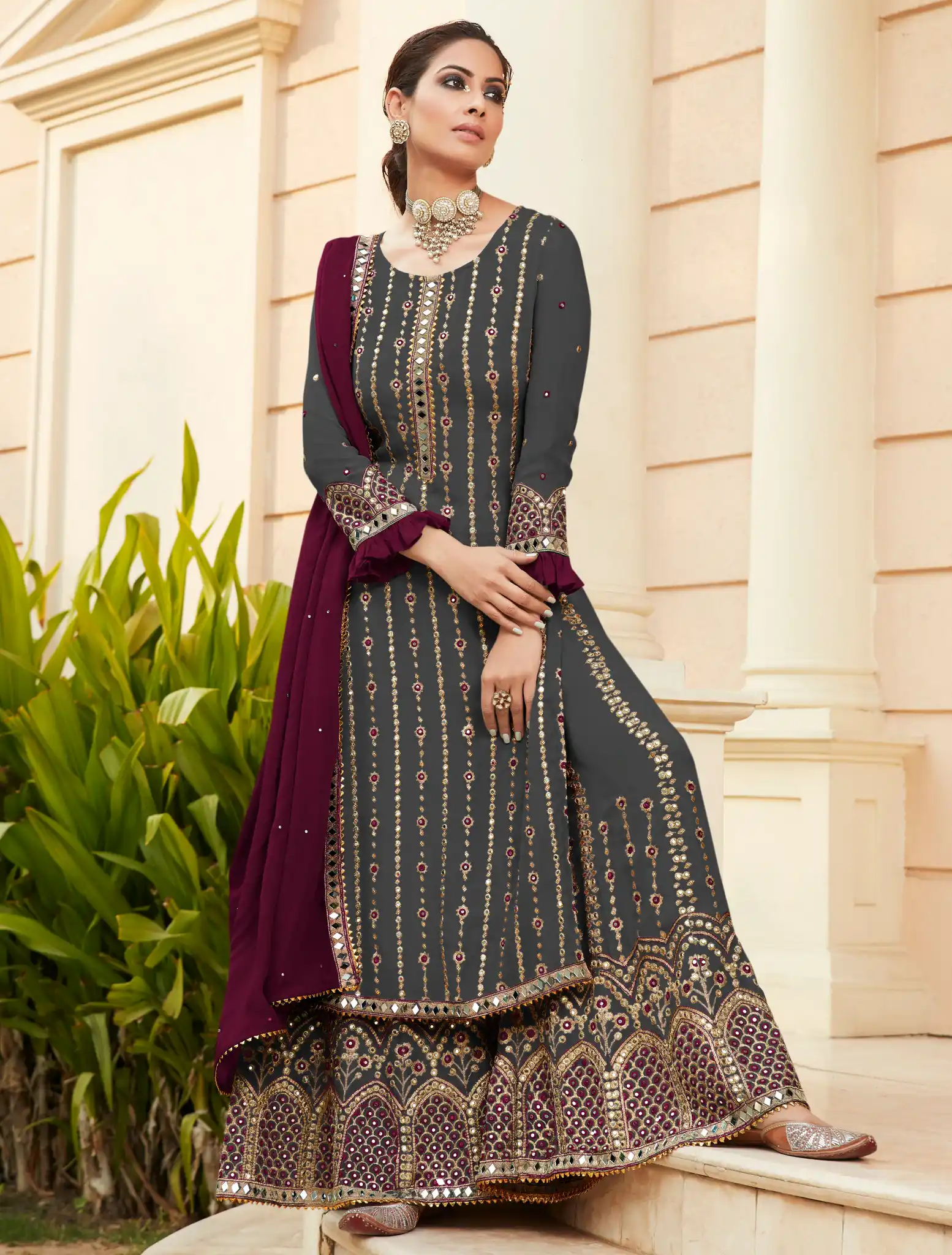FC 9704 Black Wine Top : Georgette Work : Embroidery Work, Mirror Work Wedding, Festive, Events Black Georgette Embroidered Sharara @2099 | Casual Suits, Creative suits, Designer Suits, Palazzo Suits, Party Wear Suits, Salwar suit, Straight Suits