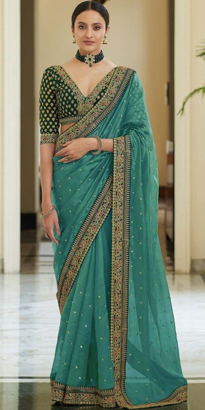 dazzling-sea-green-color-heavy-border-vichitra-silk-wedding-saree