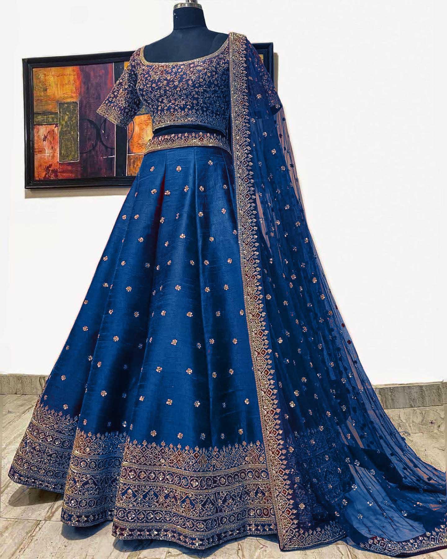 LG 396 Blue Lehenga : Mulberry Silk Blouse : Mulberry Silk Embroidery Sequence Work Dupatta : Georgette Wedding, Party, Festive @1899/- | Bollywood Lehenga, Creative Lehenga, Designer Lehenga, Embroidered Lehenga, Lehenga, Party Wear Lehenga