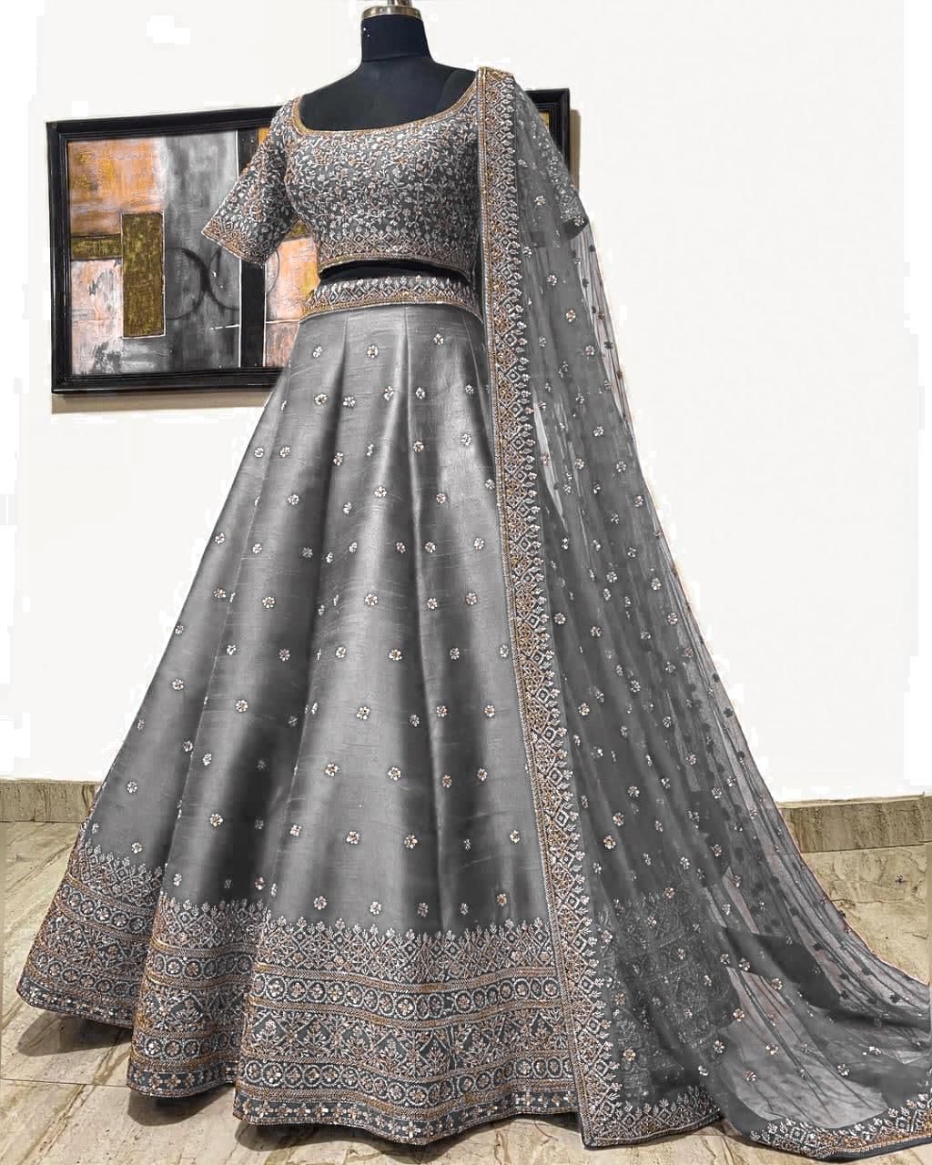 LG 396 Grey Lehenga : Mulberry Silk Blouse : Mulberry Silk Embroidery Sequence Work Dupatta : Georgette Wedding, Party, Festive @1899/- | Bollywood Lehenga, Creative Lehenga, Designer Lehenga, Embroidered Lehenga, Lehenga, Party Wear Lehenga